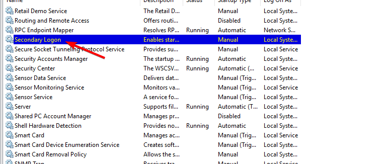 secondary logon in services window