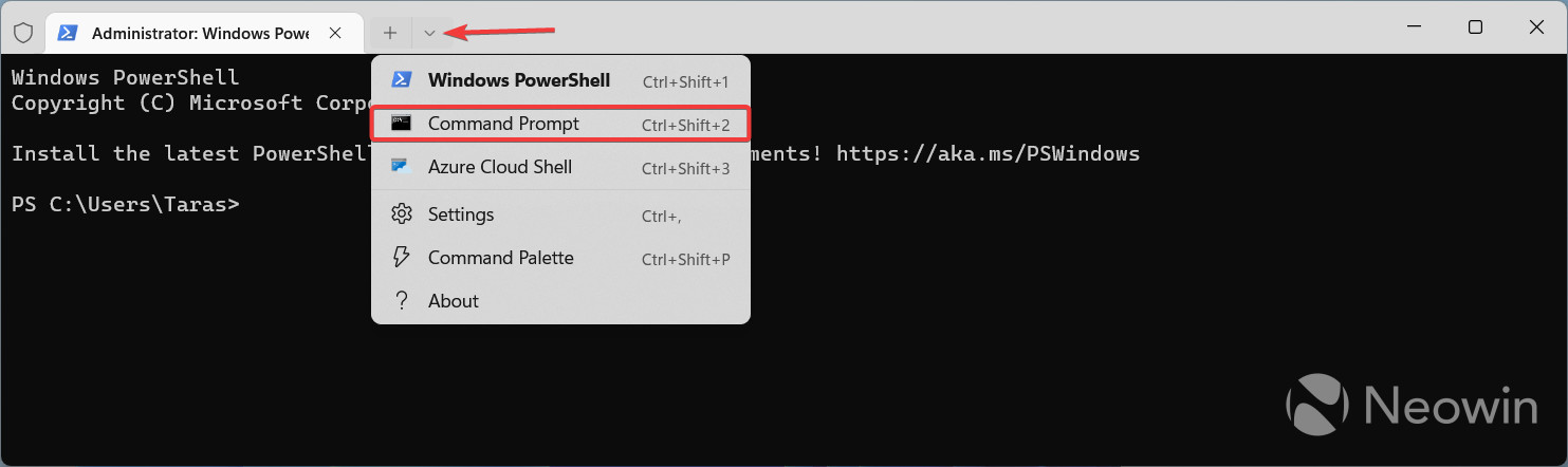 The Windows Terminal App showing how to switch from PowerShell to Command Prompt profile