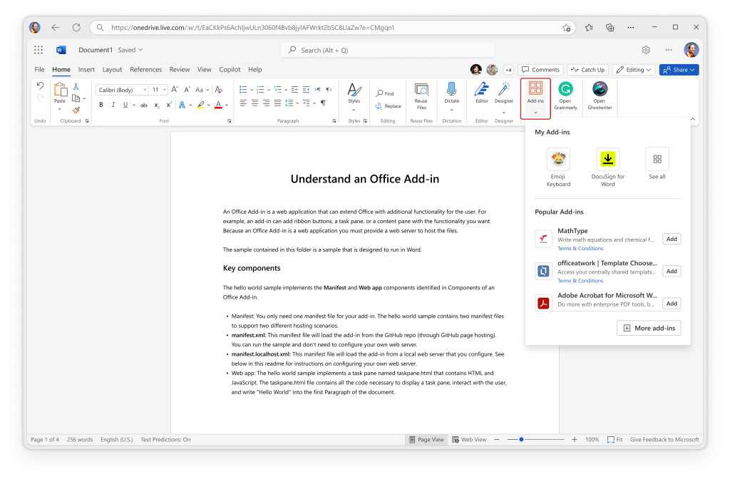 A screenshot of Word for the Web with the highlighted add-ins button