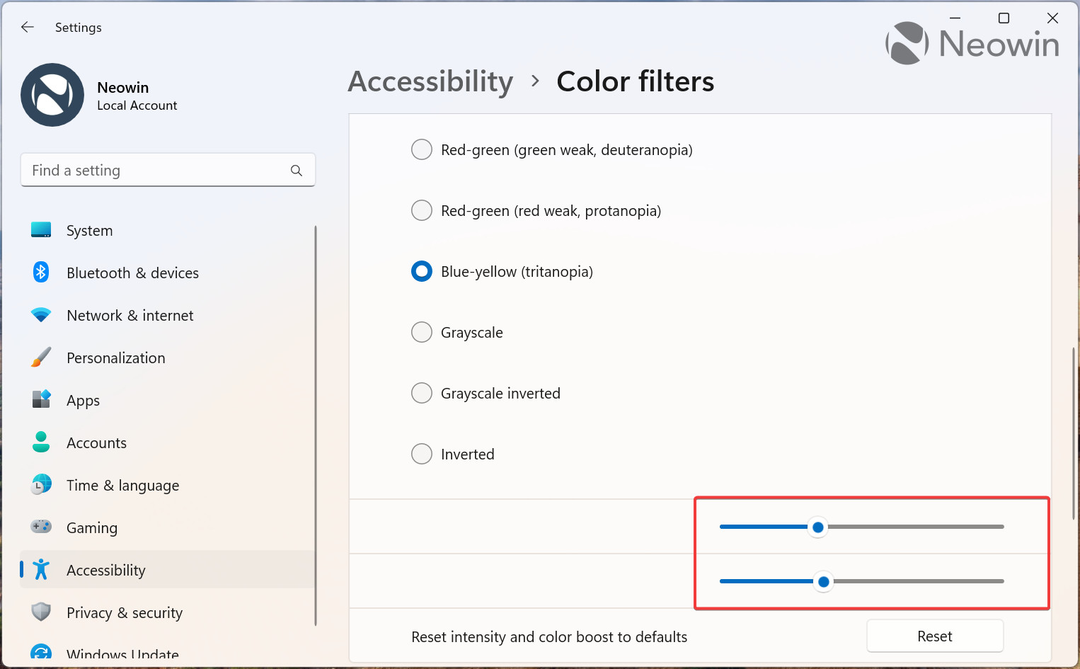 A screenshot of the Settings app in Windows 11 with color filter sliders highlighted