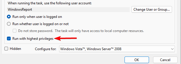 run with highest privileges task settings 