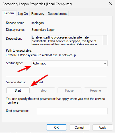 secondary logon startup type