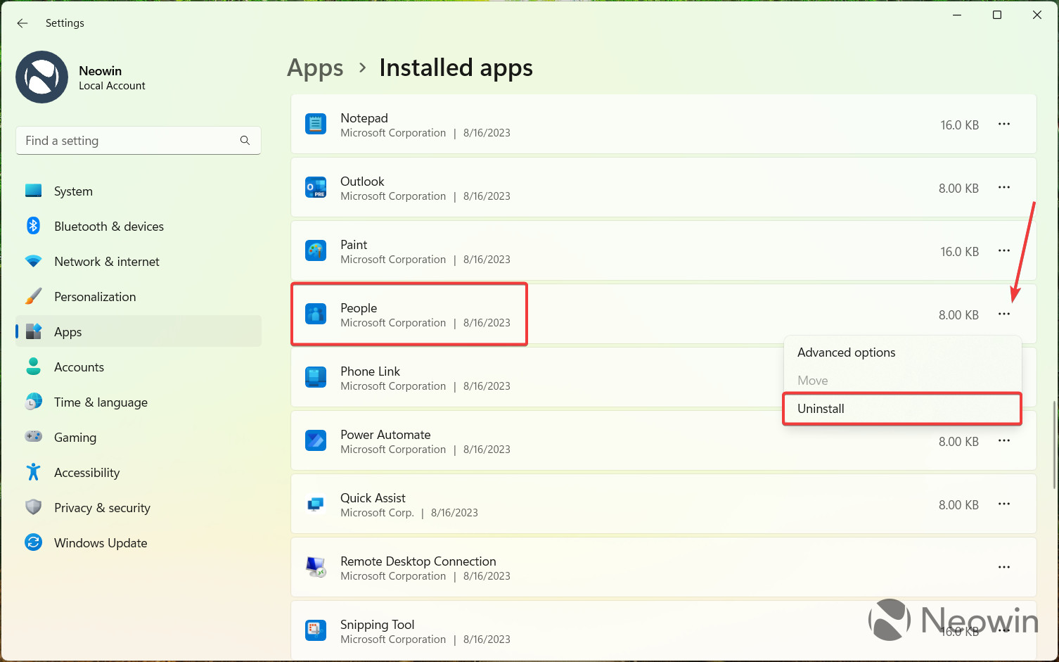 A screenshot showing how to uninstall a stock Windows 11 app