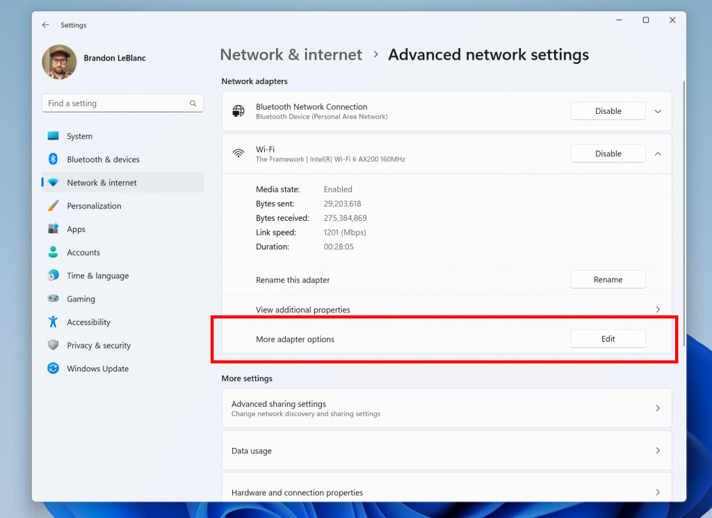 Link to advanced properties for network adapters in Settings.