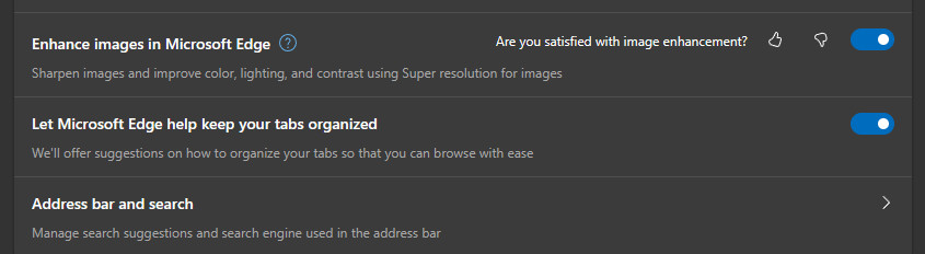 A screenshot showing how to disable image enhancements in Edge