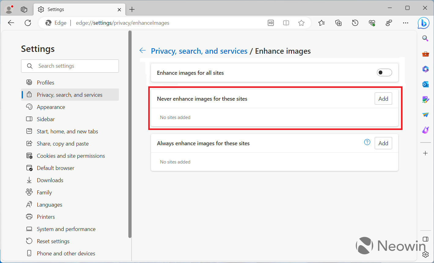 A screenshot showing how to disable image enhancements in Edge