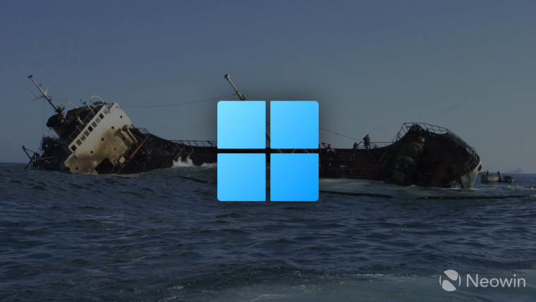 A Windows 11 logo with a sinking ship on the background